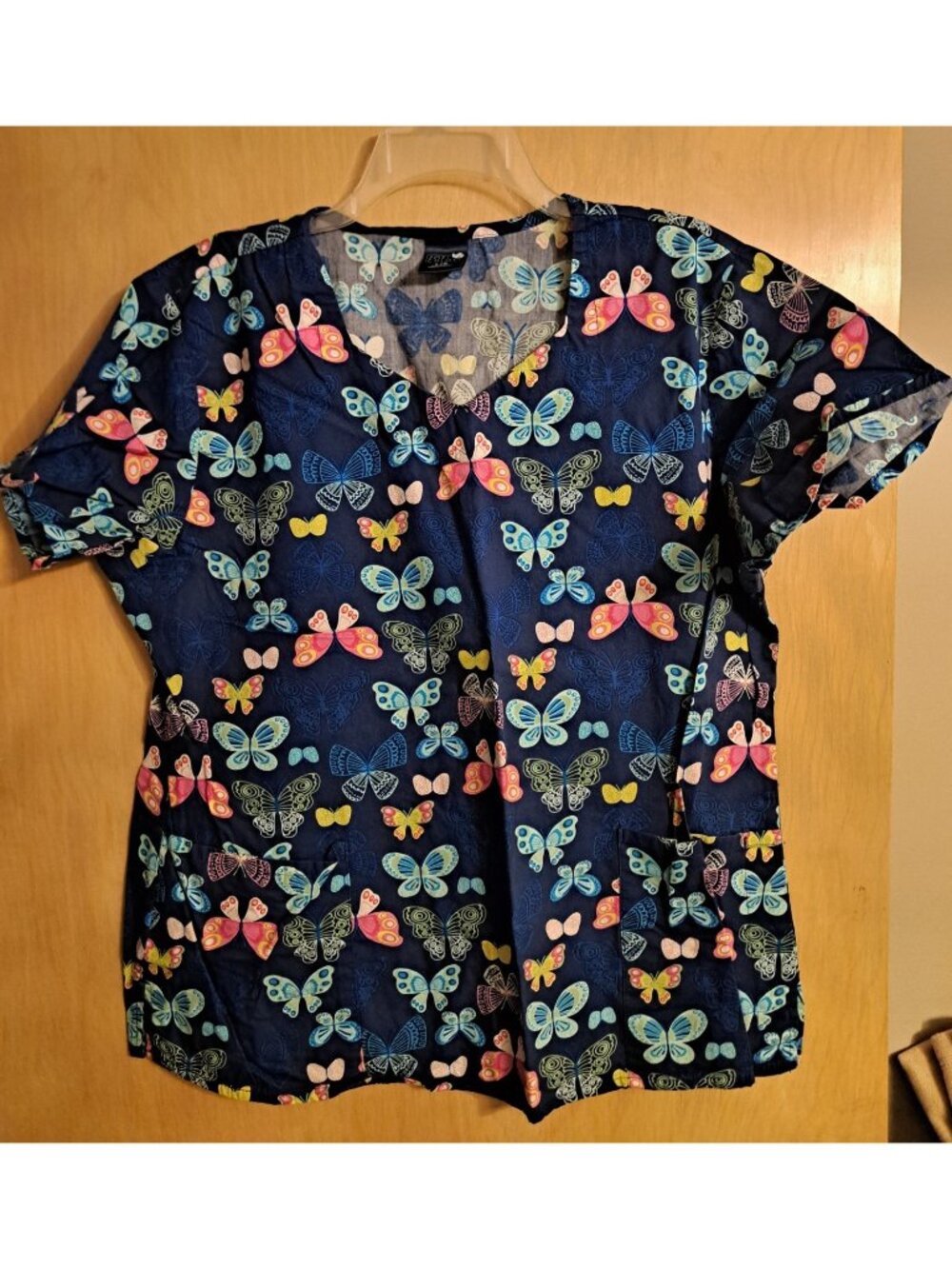 Scrubstar Women's Dainty Flutters Butterfly  Scrub Top Large L Navy Blue Pink